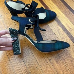 J.Crew Avery watch tartan plaid glitter heels green 11  NEW holiday